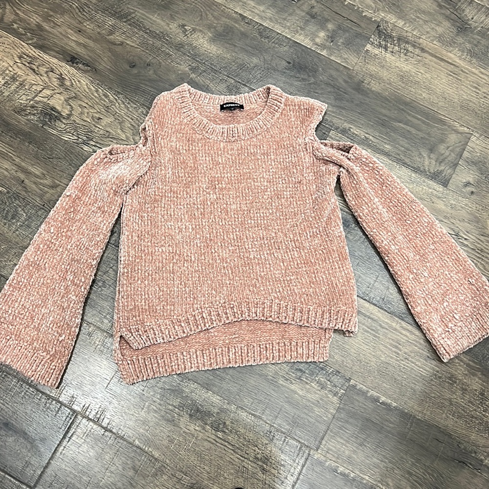 Express super soft long sleeve flare sweater in dusty pink with metallic look